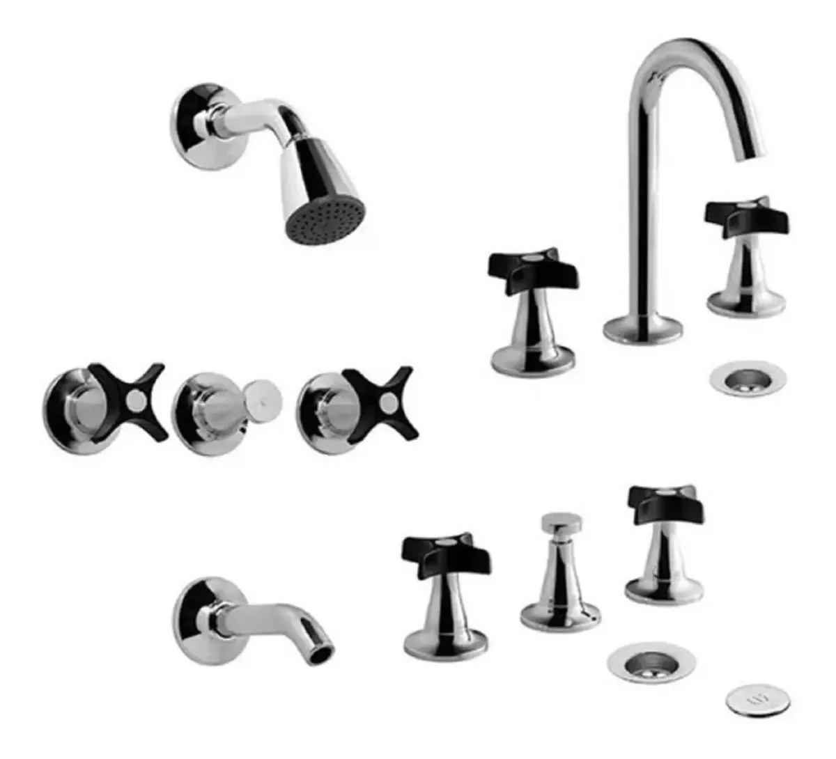 kit de bano fv modelo petalo ducha con transferencia, bide y lavatorio. Negro con cromo